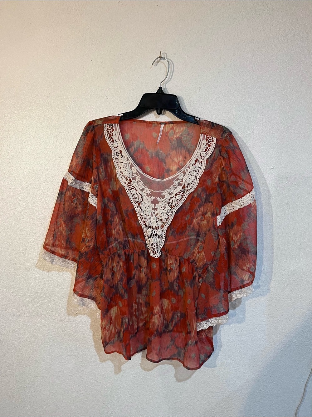 Free People Boho Floral Lace-Trim Sheer Blouse in Rust Red